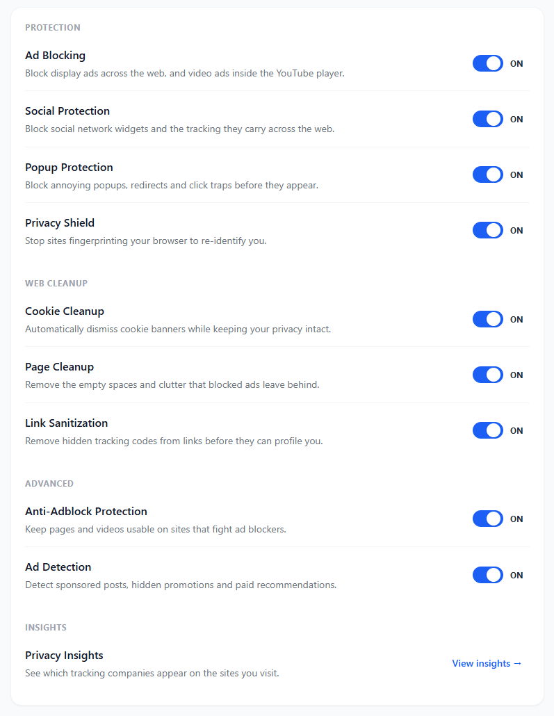 NovaBlock privacy protection toggles: Ad Blocking, Social Protection, Popup Protection, Privacy Shield, Cookie Cleanup, Page Cleanup, Link Sanitization, Anti-Adblock Protection, Ad Detection, Privacy Insights — all on.