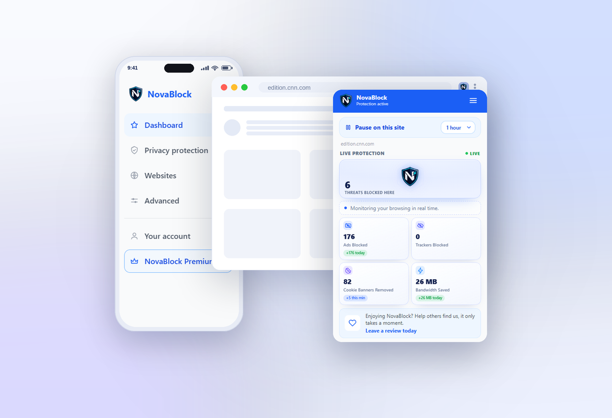 NovaBlock extension popup showing live protection stats: threats blocked, ads blocked, trackers blocked, cookie banners removed, and bandwidth saved.